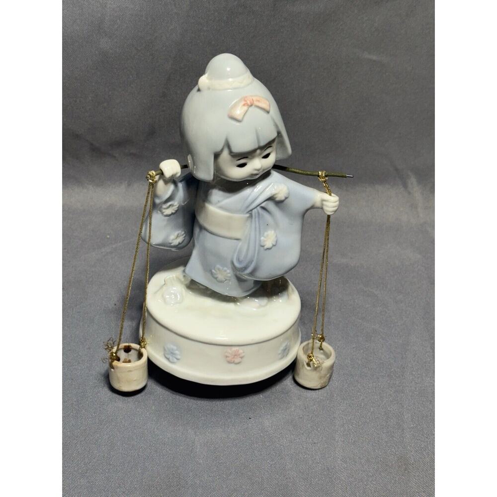 Vintage Porcelain Geisha Girl w/Pails Japanese Kimono Music Box by Apex